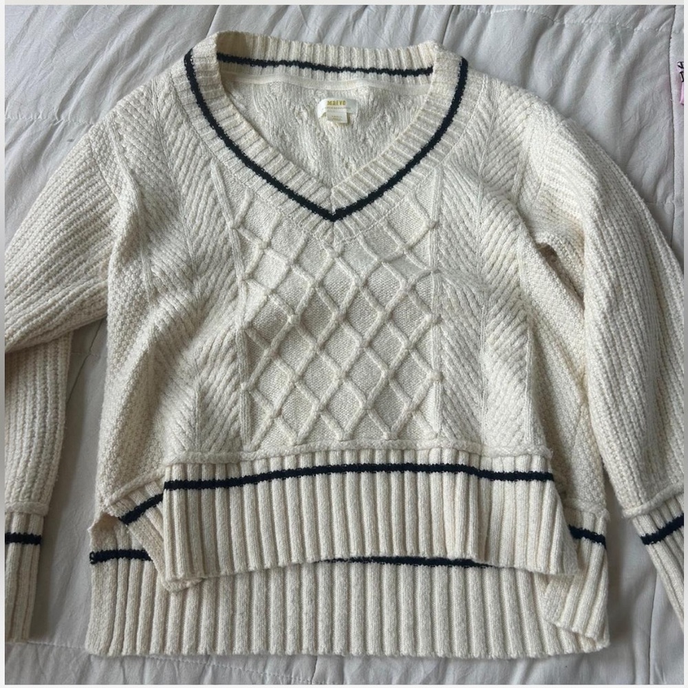 Anthropologie Maeve Cream V-Neck Sweater with Black Trim - Picture 3 of 4